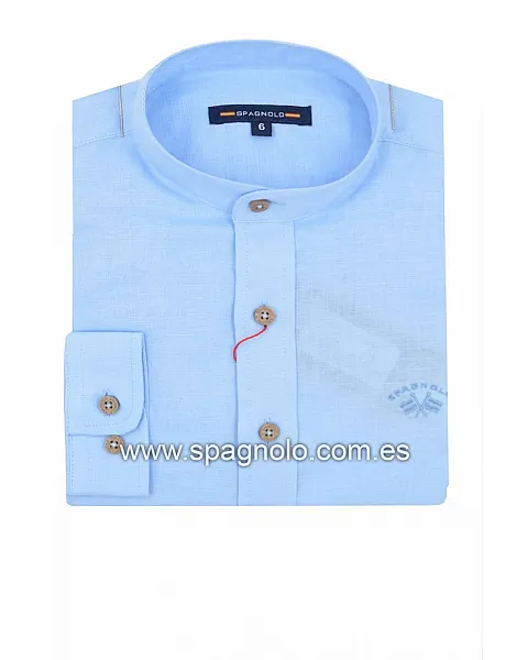CAMISA ALGODON LINO CUELLO MAO CELESTE