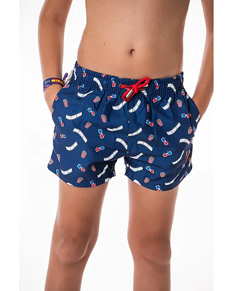 Bañador microfibra estampado con cordón personalizado y parche de goma spagnolo en el bajo.