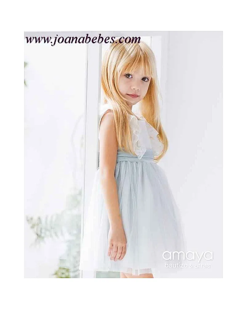 Vestido de niña bicolor en tul crudo y verde agua Vestido de niña bicolor en tul crudo y verde agua