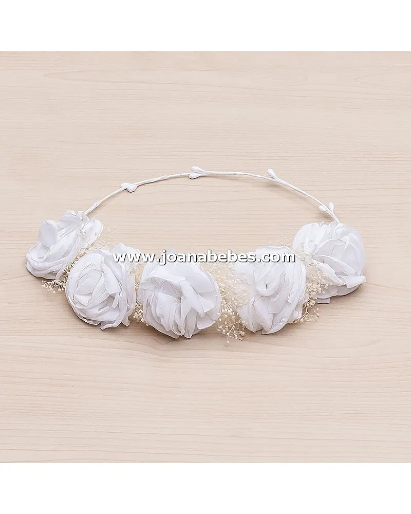 Corona media blanca flores satén mante y gypso