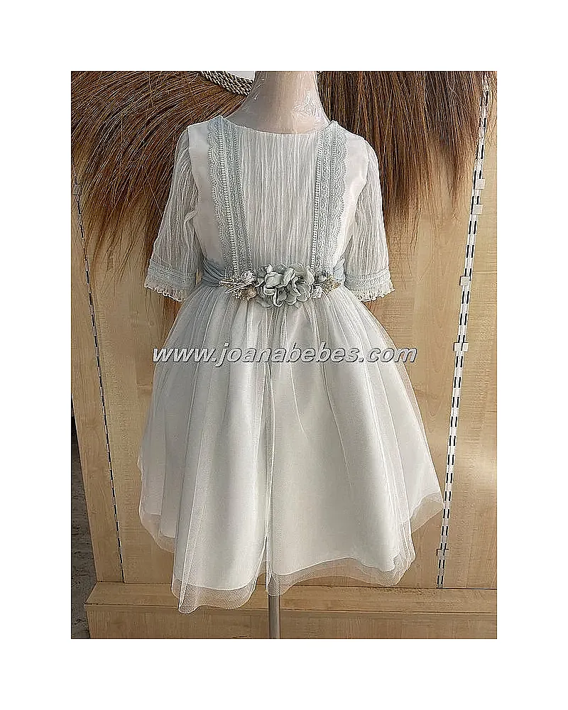 VESTIDO CEREMONIA EN TULL VERDE AGUA MANGA FRANCESA