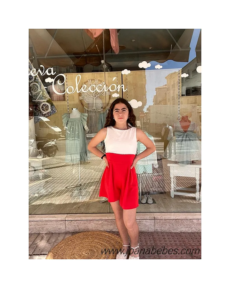 Mono corto de niña bicolor blanco y rojo desmangado