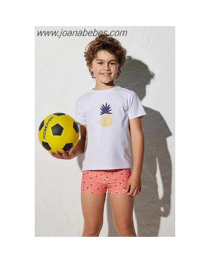 SET CAMISETA BLANCA Y BAÑADOR NIÑO CON ESTAMPADO DE PIÑAS