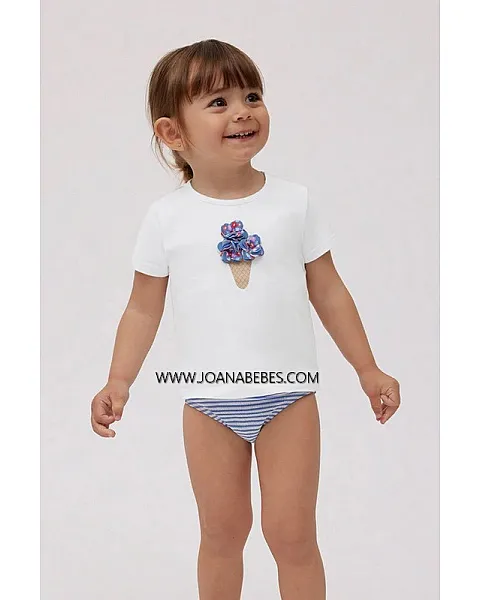 YSABEL MORA Set bebé bañador culetín rayas azules con textura y camiseta