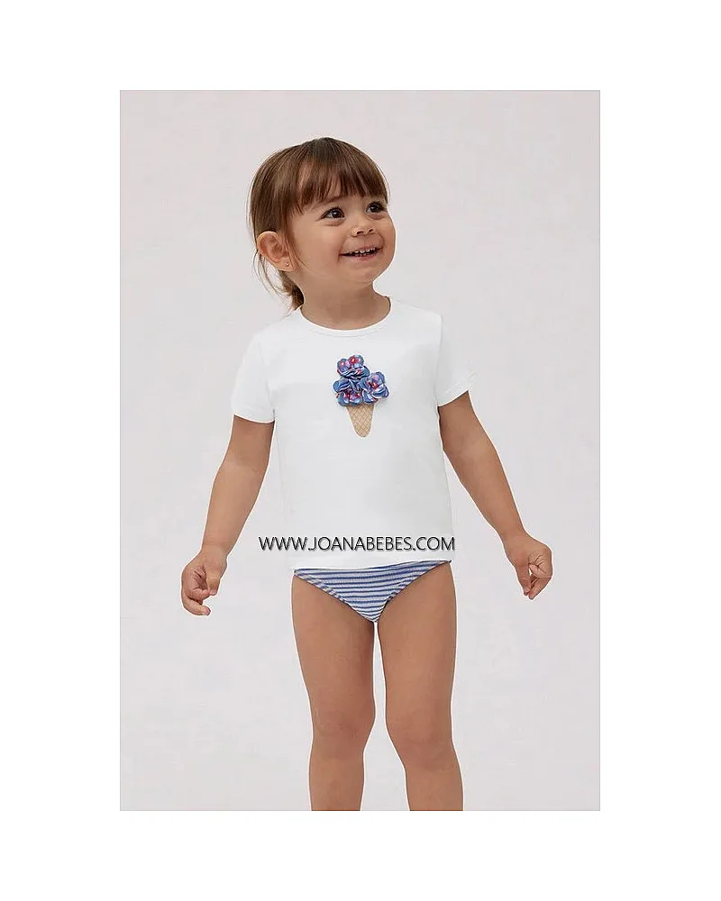 YSABEL MORA Set bebé bañador culetín rayas azules con textura y camiseta